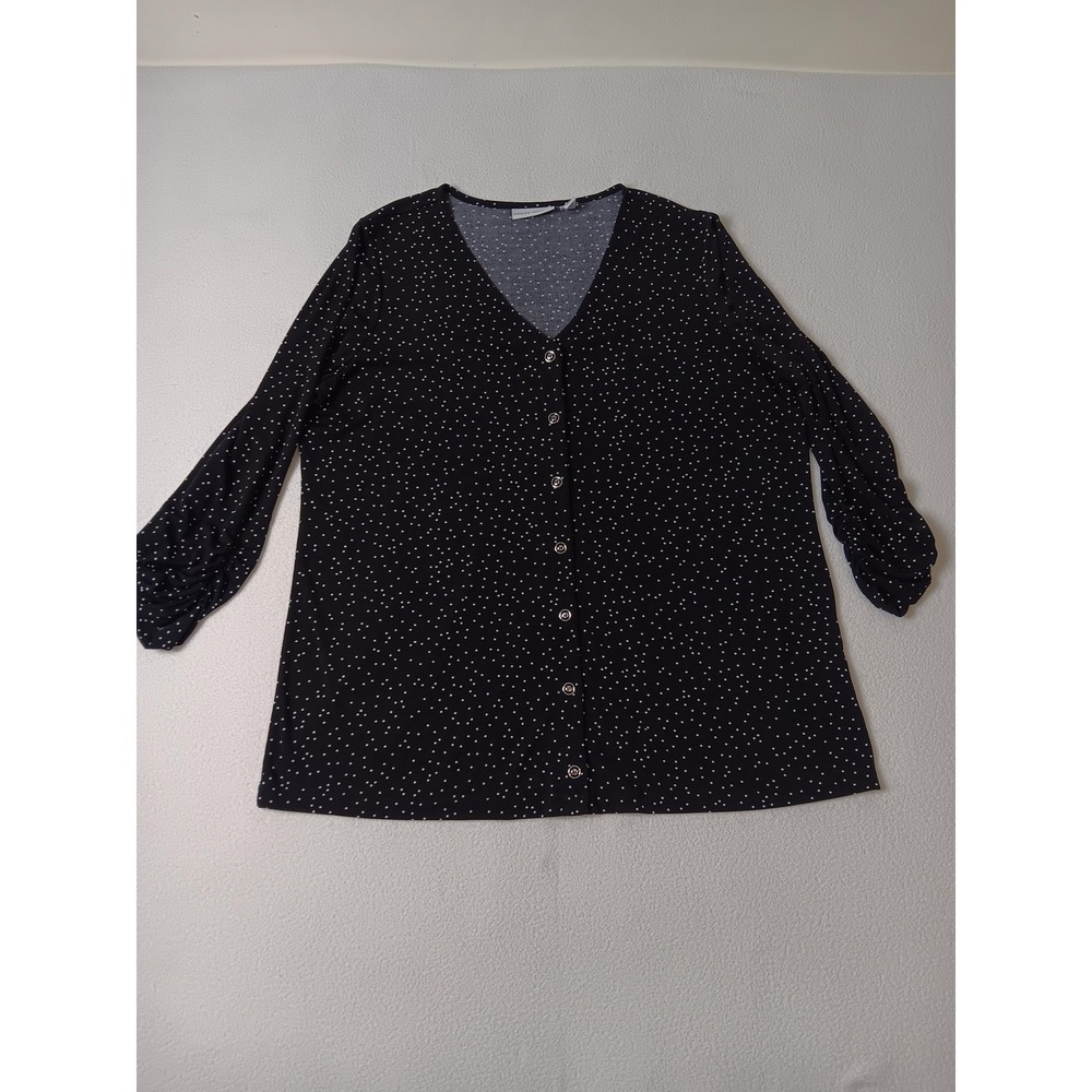 Susan Graver Black Polka Dot Tunic Button-Up Womens Size L Polyester Spandex
